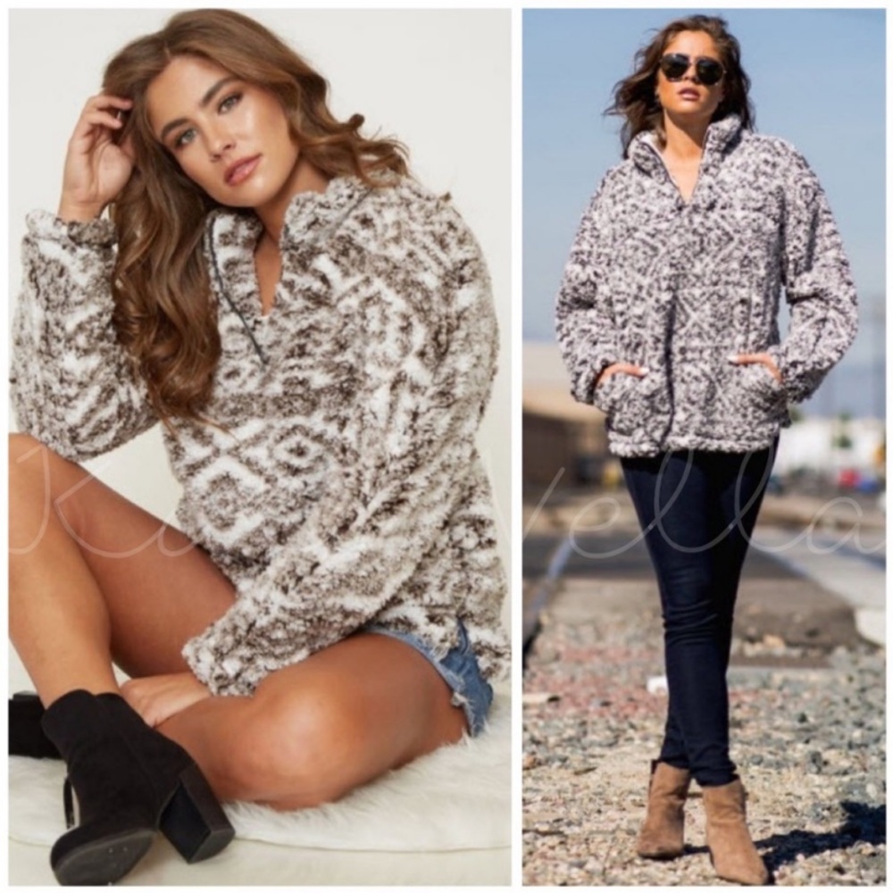 Brown Aztec Faux Sherpa Sweaters Jacket